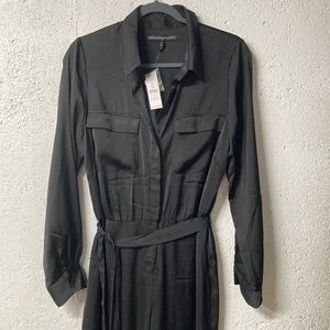New WHBM Black Satin Button Up Wide Leg Jumpsuit with Tie Belt Size 10
